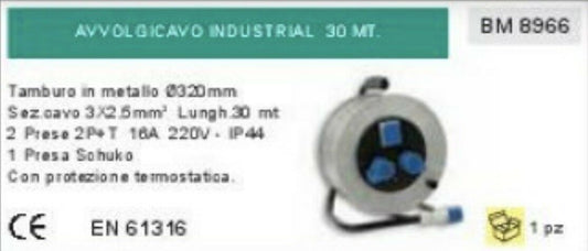 AVVOLGICAVO INDUSTRIALE 30m CAVO 3X2,5 PROLUNGA termostatica PROFESSIONALE SCHUK