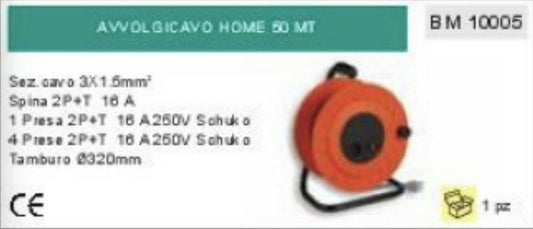 AVVOLGICAVO PROLUNGA 50m CAVO 3 x 1,5 mm 4 PRESE + 1 SCHULKO TEDESCA HOME