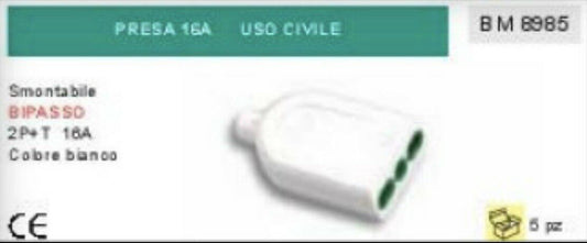 PRESA BIPASSO PER PROLUNGA SMONTABILE 2P+T 16A spina corrente PROFESSIONALE