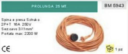 CAVO PROLUNGA 25m PRESA SCHUKO TEDESCA 16A 260V protezione termica fino 2200W