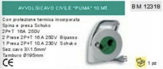 CAVO PROLUNGA PRESA SCHUKO TEDESCA + 2 PRESE 16A 260V con protezione termica 10m