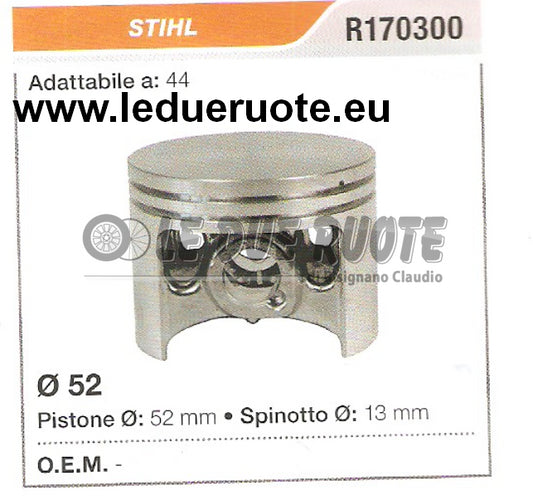 R170300 PISTONE COMPLETO STIHL 44 MOTOSEGA Ø 52 SPINOTTO 13