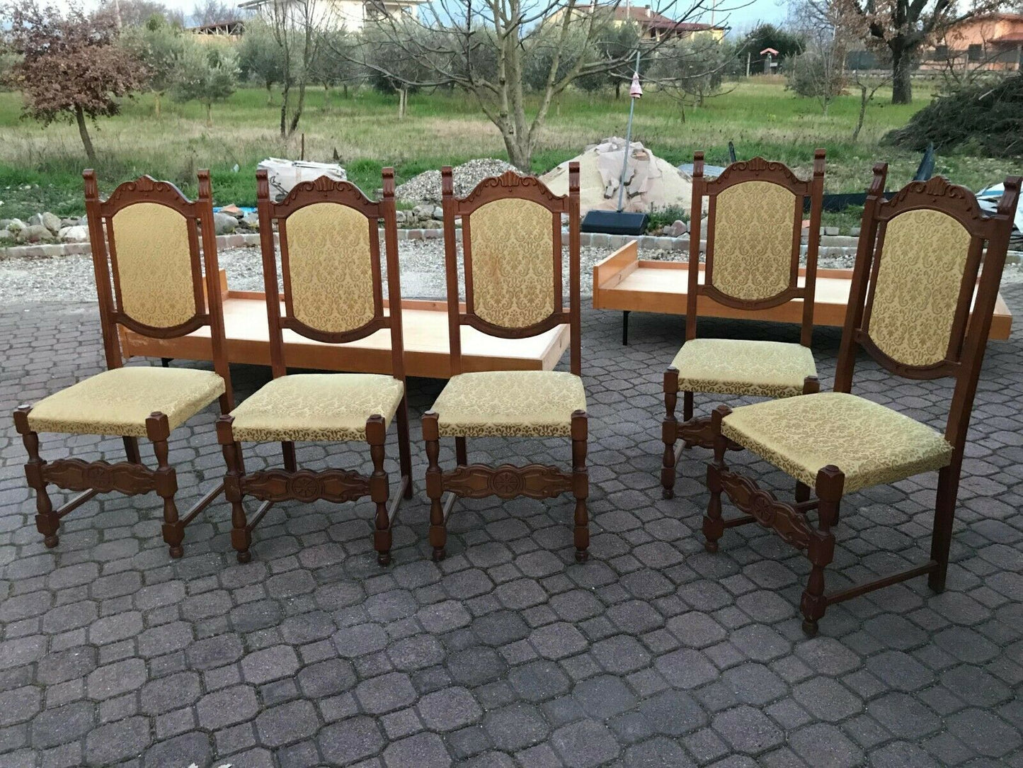 SET 5 Sedie in legno ANTICHE imbottite poltrone VINTAGE cucina floreale antique