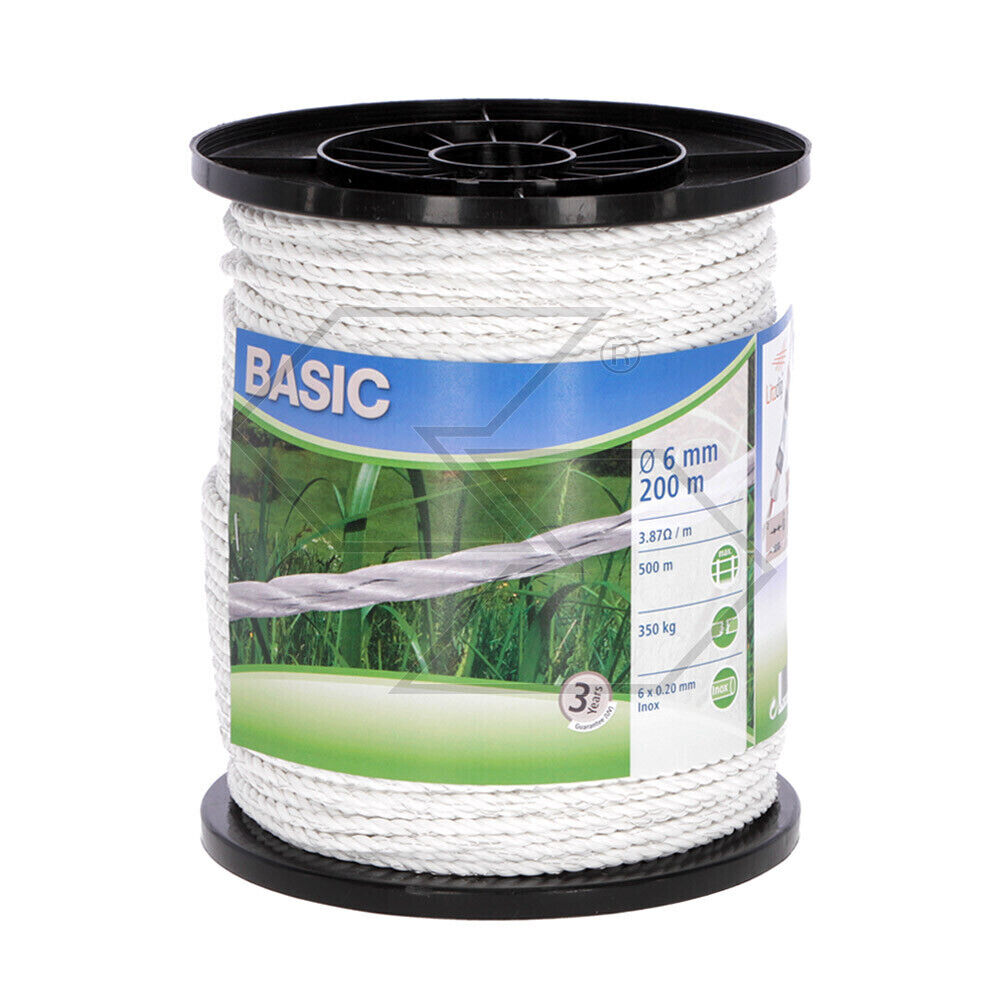 CORDA BIANCA PER RECINTO ELETTRICO CORDA PASCOLO 200 m - Ø 6 mm