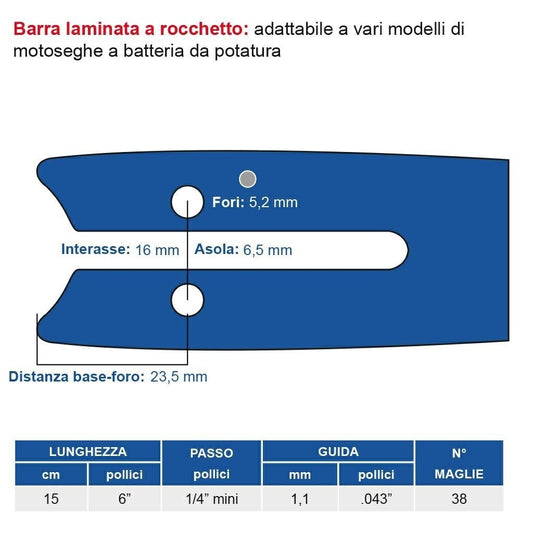 Barra mini motosega MAYA per POTATORE a batteria da 15Cm (6") passo 1/4" 1.1
