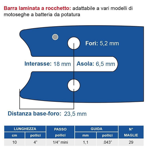 Barra mini motosega MAYA per POTATORE a batteria da 10Cm (4") passo 1/4" 1.1