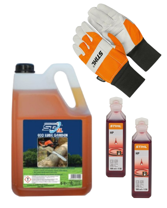 Kit Potatura: Olio Catena Motosega 5L + 200ml Olio Miscela + Guanti Antitaglio Stihl