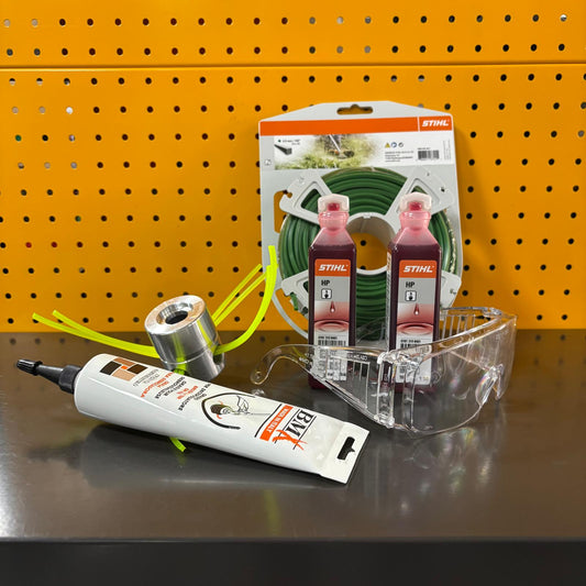 KIT SFALCIO ERBA: 2 Boccettine Olio Miscela Stihl + Grasso per coppia conica + Testina Multifilo + Occhiali protettivi Stihl + Filo da 4mm Stihl