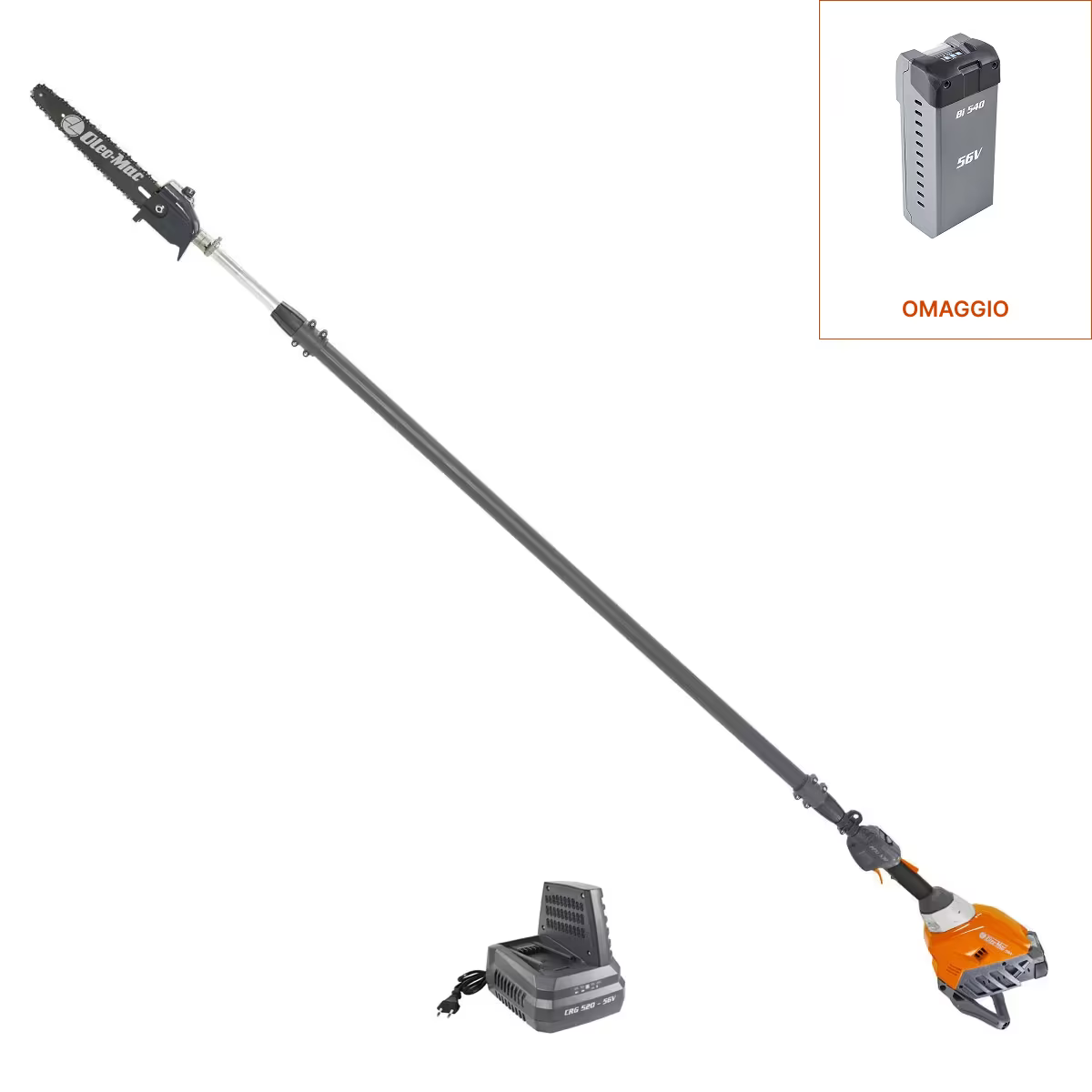 Potatore telescopico a batteria professionale Oleomac PPXi 530 con batteria Bi 540 e caricabatterie CRG 520